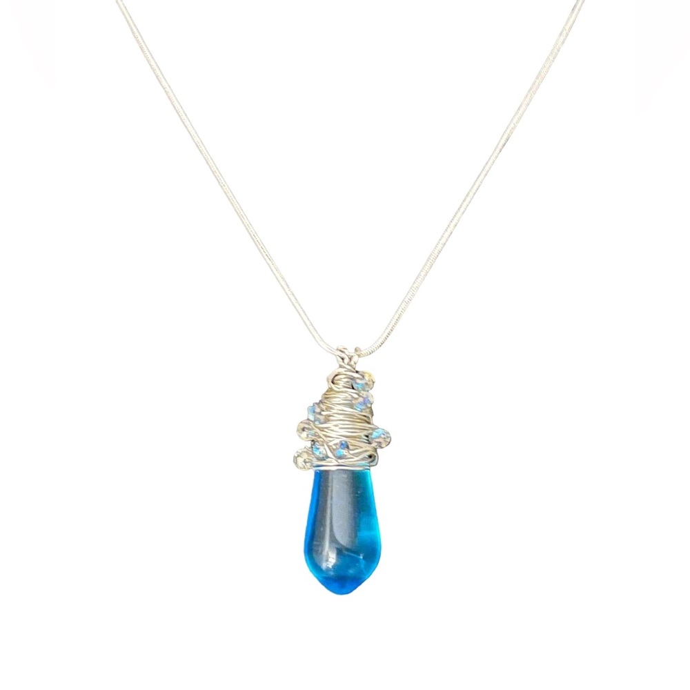N210 Sterling 925 wire and chain on large laboradite wrapped blue agate pendant